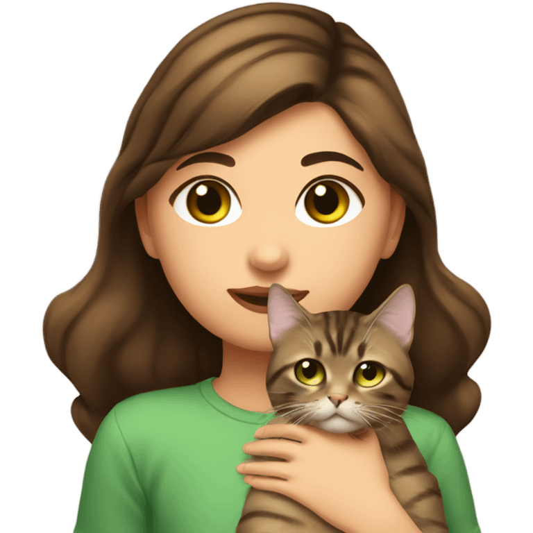 One girl with dark brown hair and hazel eyes kissing a brown tabby cat with green eyes on its head emoji