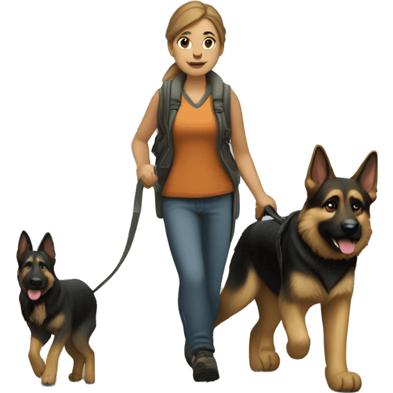 Lindsay carrying creek rocks walking with a german shepherd that has a big limb in its mouth  emoji