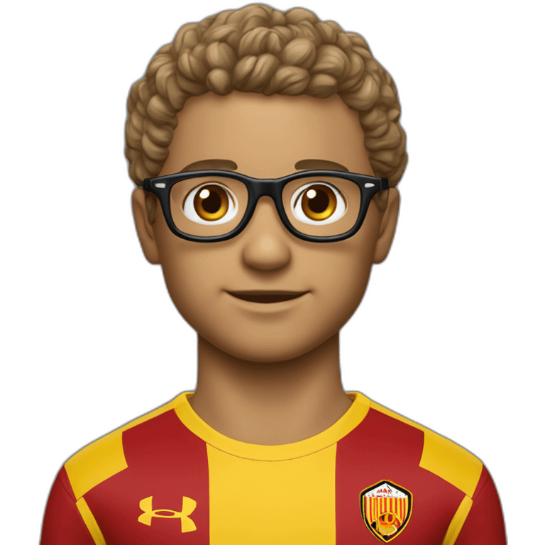 Un petit garçon aux cheveux bouclés et avec des lunettes accompagné de sa petite soeur avec des maillots du RC Lens emoji