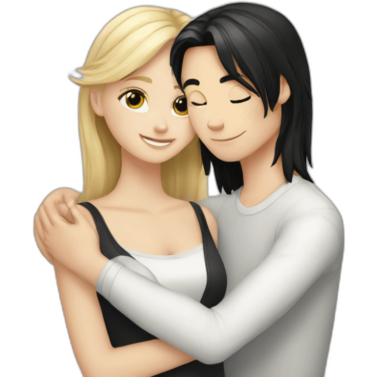 blond white girl hug white boy with black hair and white and grey cat an emoji