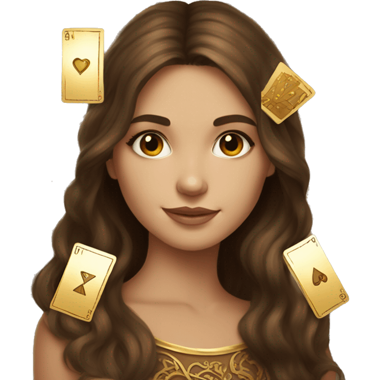 Brown hair beautiful girl with brown tarot gold cards emoji