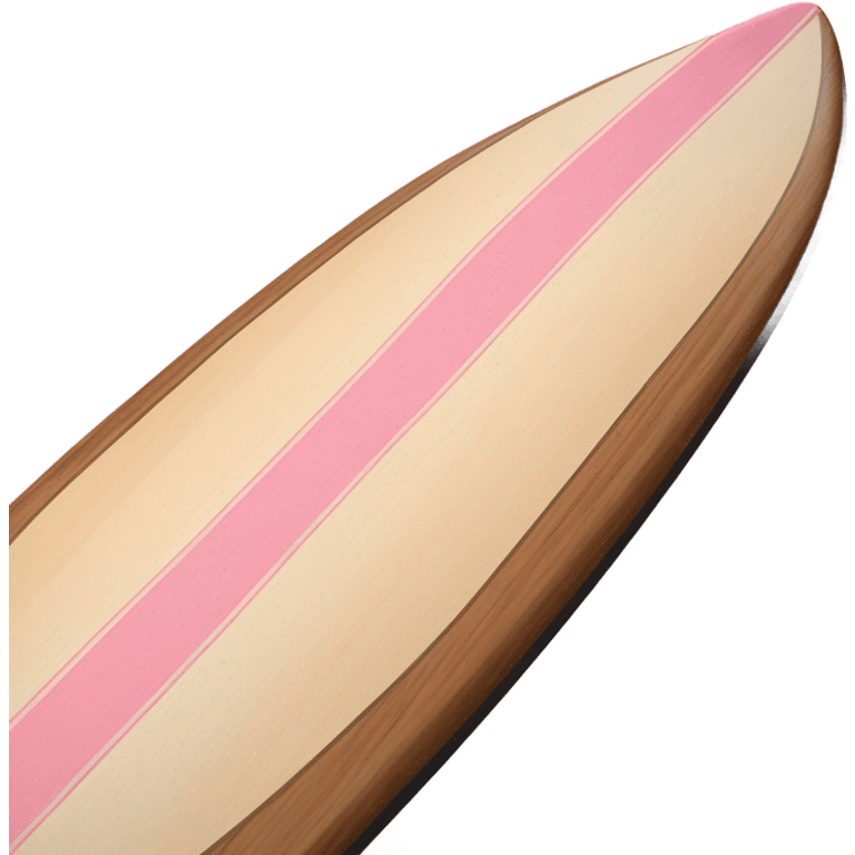 A single wooden rip curl surfboard that looks like an emoji with two mini light pink stripes down the middle of the board, longboard style emoji