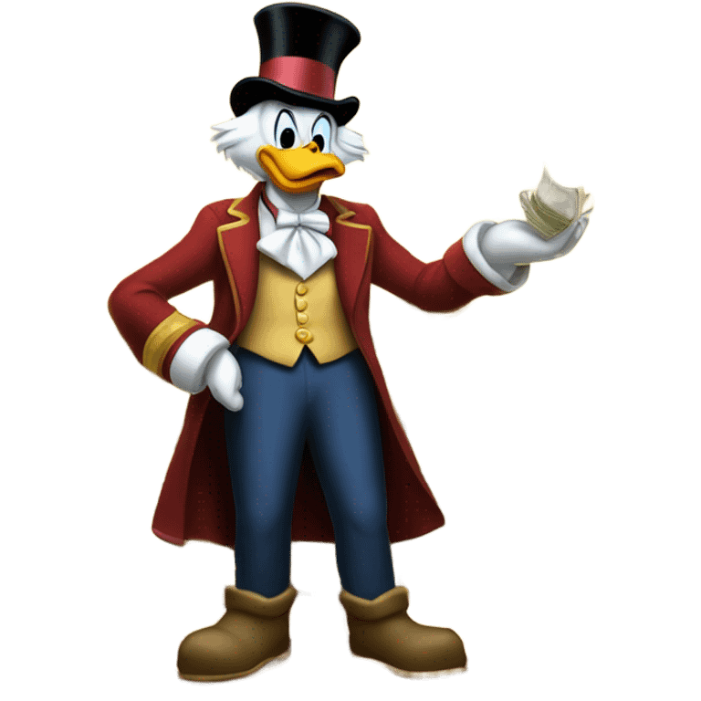 a slim successful looking scrooge mcduck standing atop a pile of money emoji