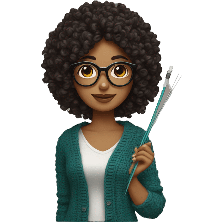 woman with black glasses curly hair holding crochet needle and yarn emoji