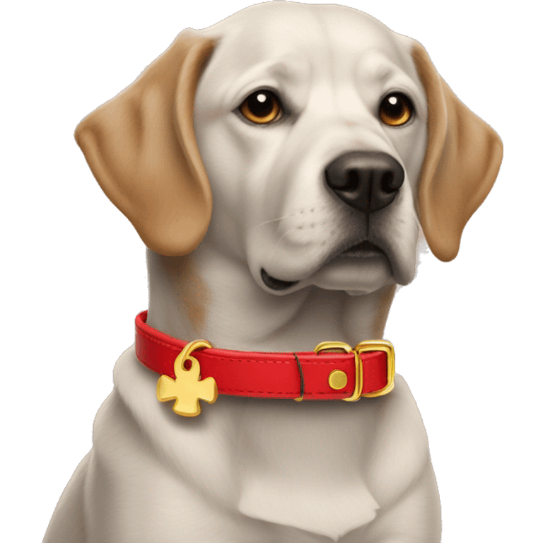 Red dog collar with a golden bone-shaped tag emoji