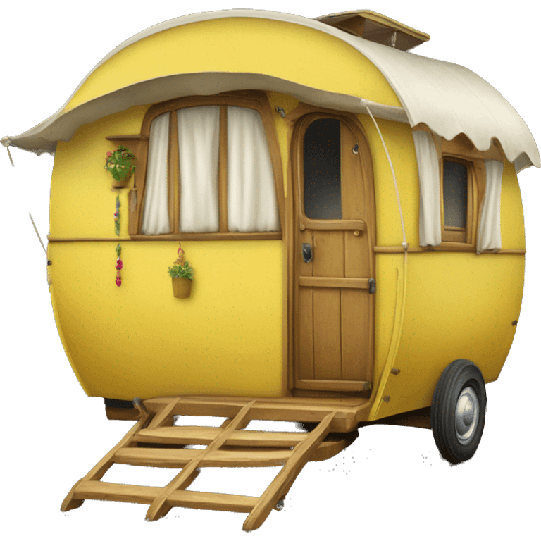 Realistic yellow vintage round gypsy caravan wagon camper emoji