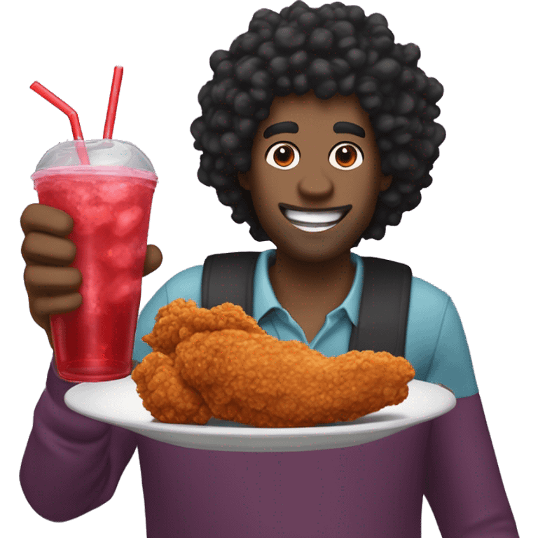 tall black curly hair man eating fried chicken and drinking grape koolaid emoji