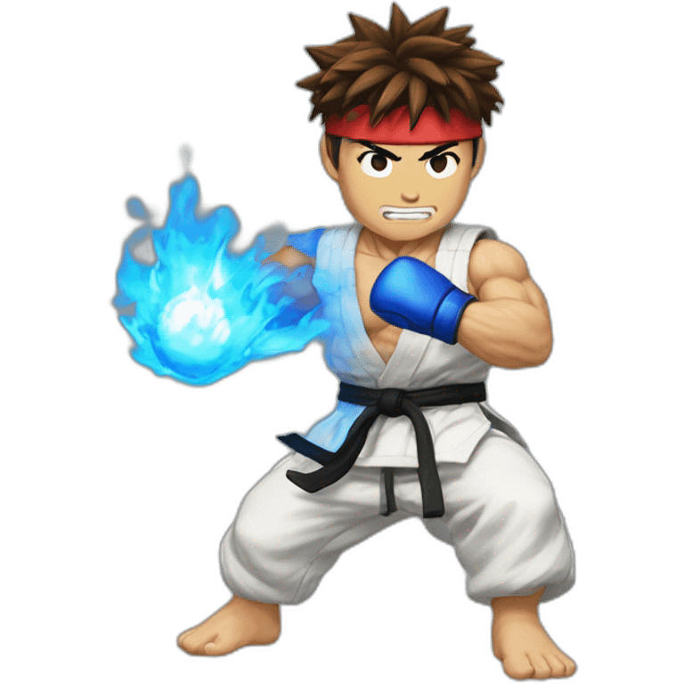 Ryu from street fighter doing a blue fireball hadolen emoji