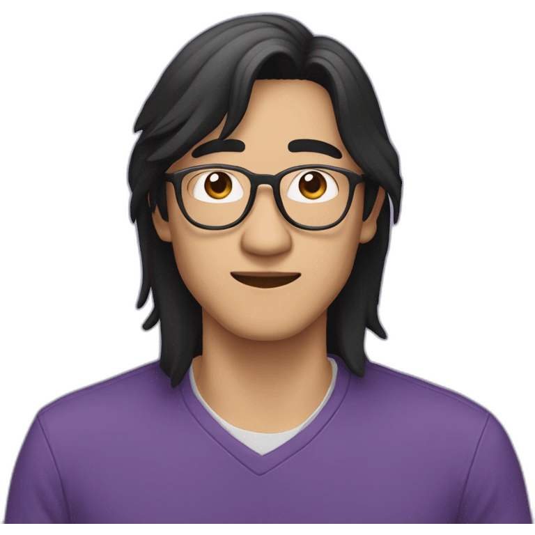 an asian guy with very long black hair. Wearing glasses and a purple sweat emoji