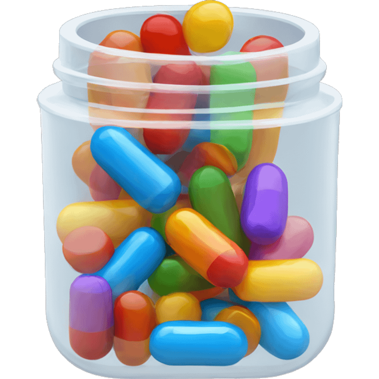 Small translucent plastic container with colorful pills inside emoji