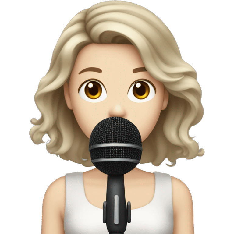 a girl with brown hair, hazel eyes, pale skin, dark lips, singing into a microphone emoji