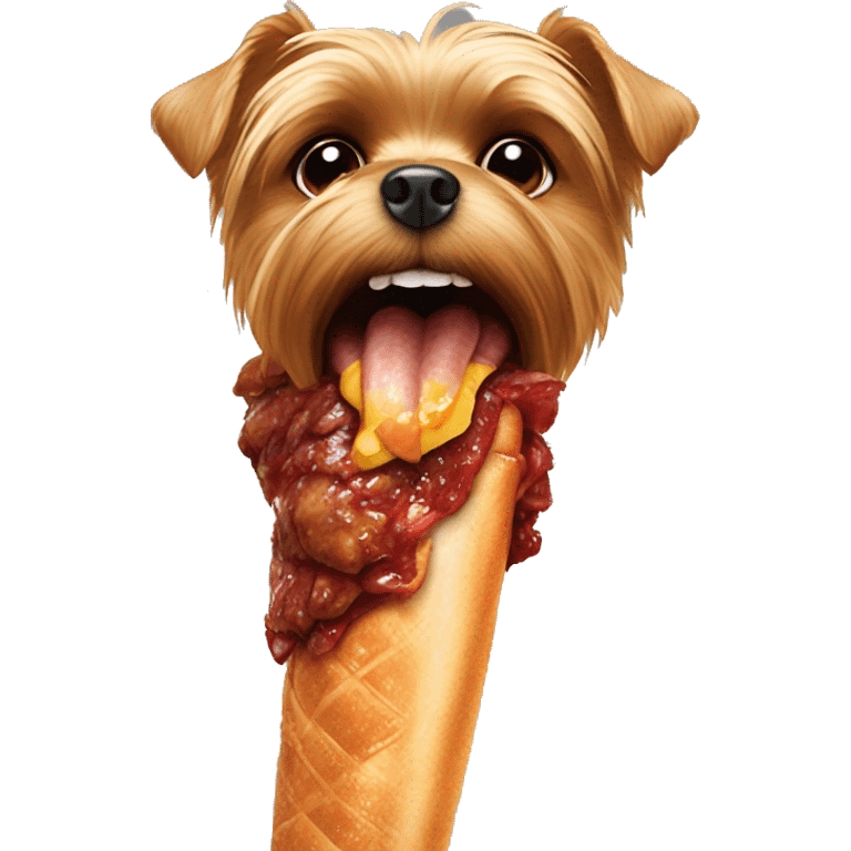 Evil Yorkie eating a giant chicken leg emoji