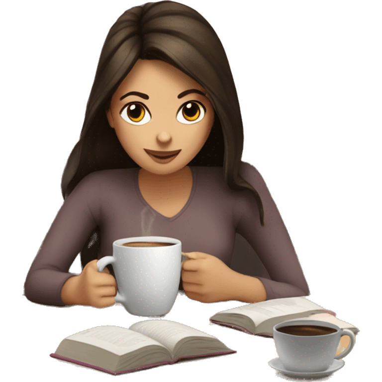 Brunette girl drinking coffee and reading a book  emoji