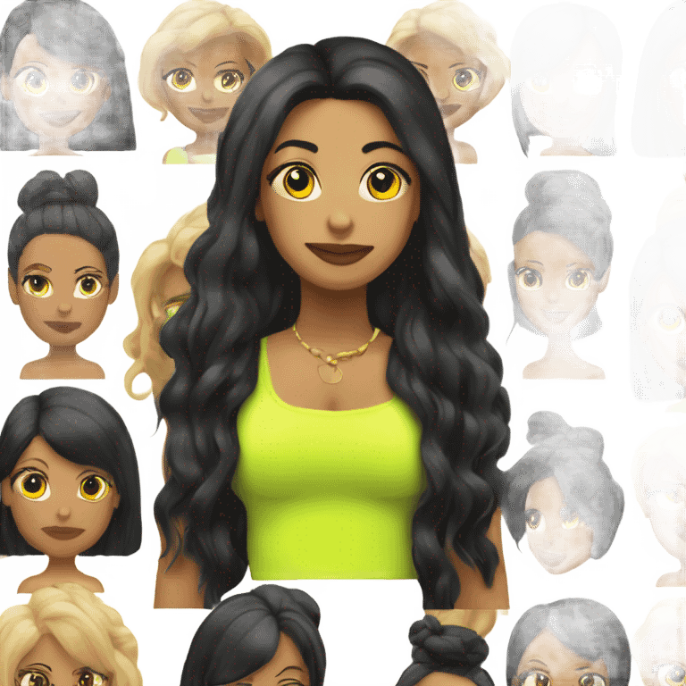 Tanned woman with long black hair dressed in Y2K hair, makeup, and neon attire emoji