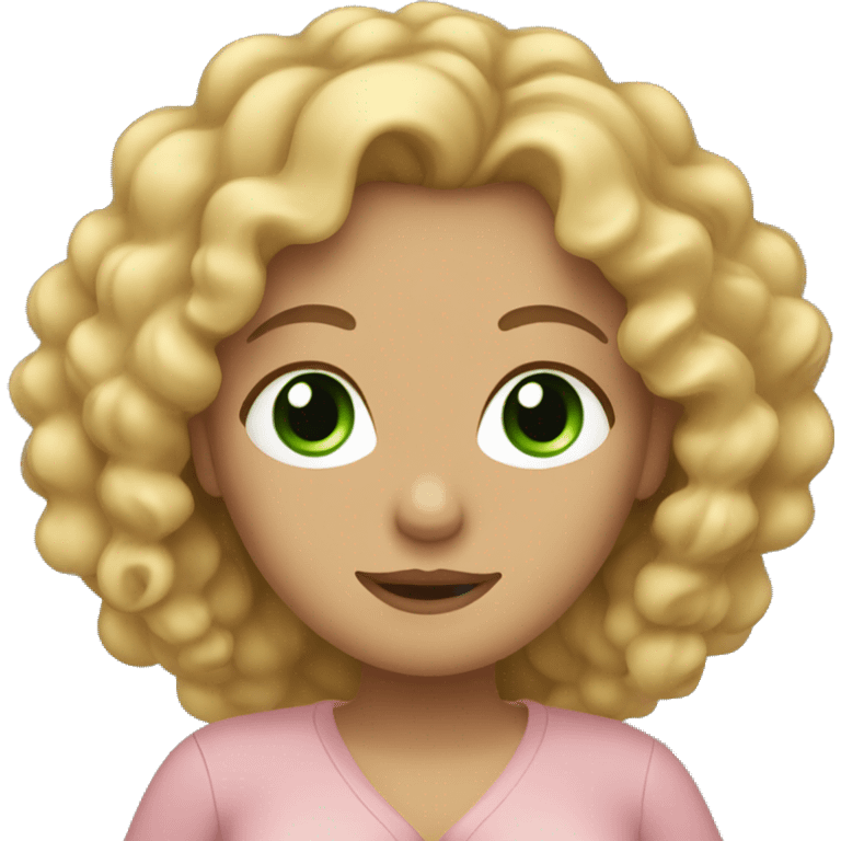 A Woman with Long curly blond Hair and green eyes is pregnant. emoji