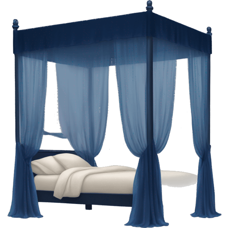 Midnight blue canopy bed with sheer curtains emoji