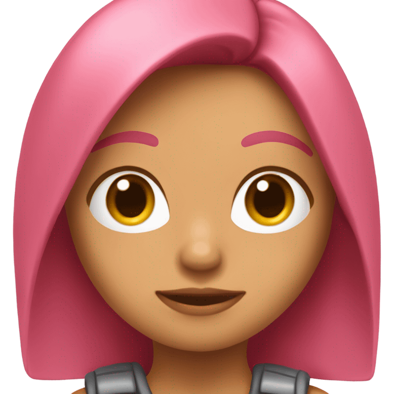 Chica pelo cobrizo con cámara rosa en mano como preparada para grabar emoji