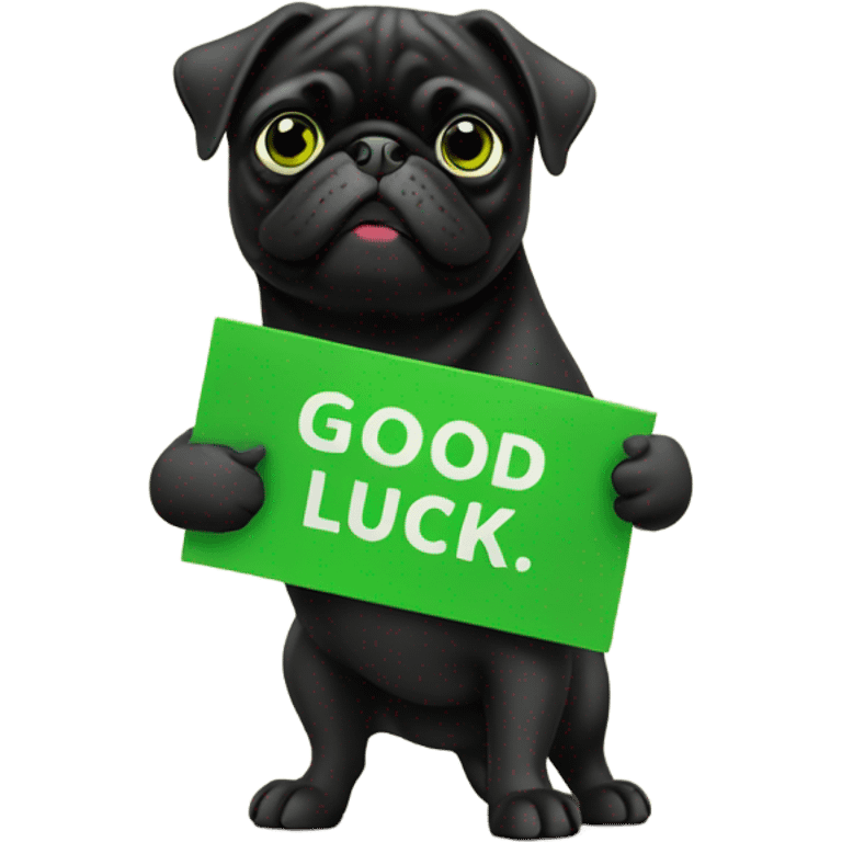 Black pug holding a green sign that says good luck  emoji