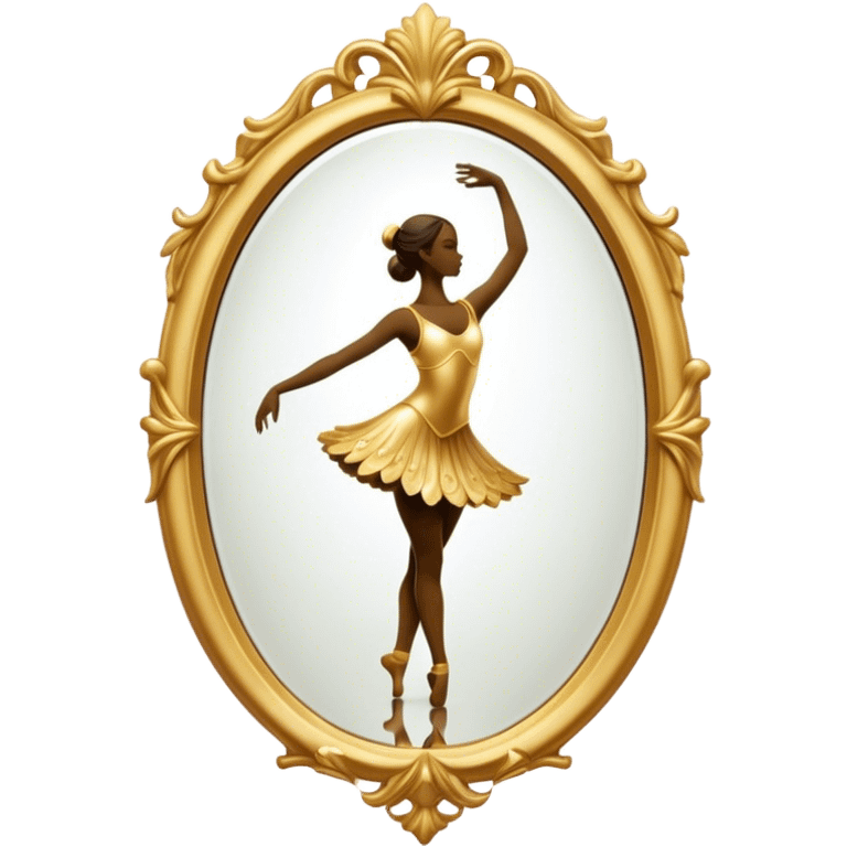 Cinematic Realistic Mirror, a large, ornate mirror reflecting a dancer’s poised silhouette, soft golden light creating depth, slight smudges on the glass adding realism, glowing with a timeless and artistic presence. emoji