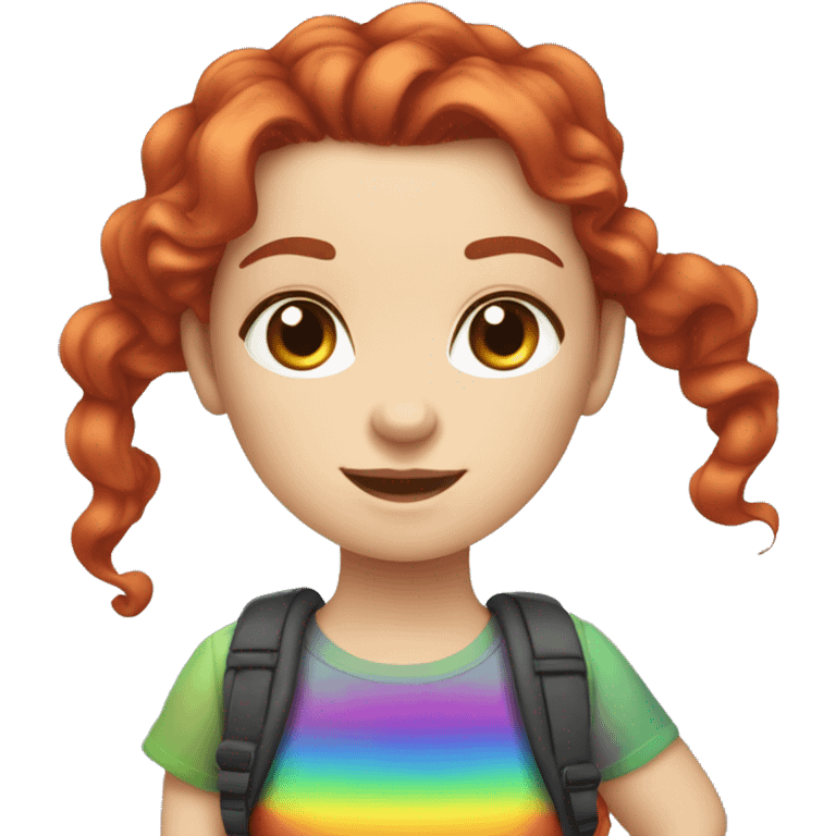 a white girl with long red curly hair in a pony tail with rainbow shirt being cute emoji