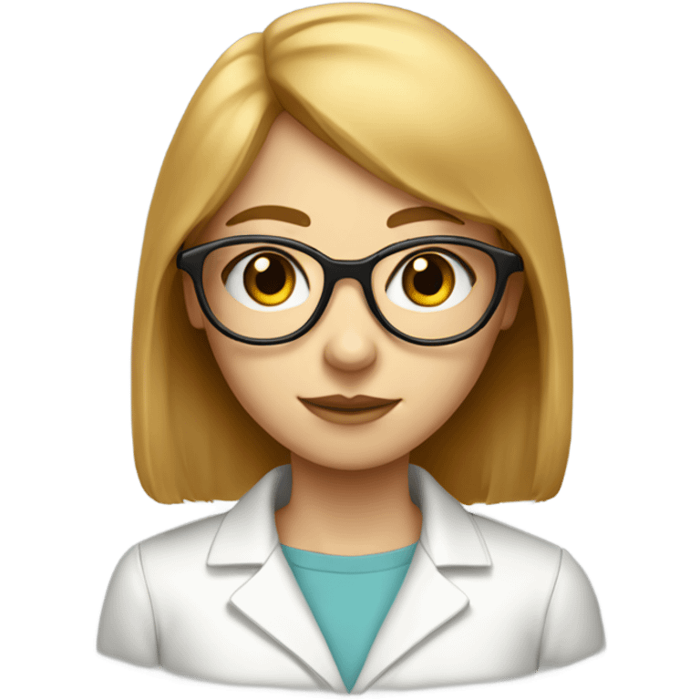 A pale readhead girl with fluffy straight hair and bangs, wearing gold slim eyeglasses and a lab suit emoji