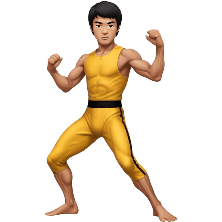 Cinematic Realistic portrait of Bruce Lee, shown as a legendary martial artist in a dynamic, powerful pose with modern athletic attire and finely detailed muscle definition, rendered in dramatic action lighting emoji