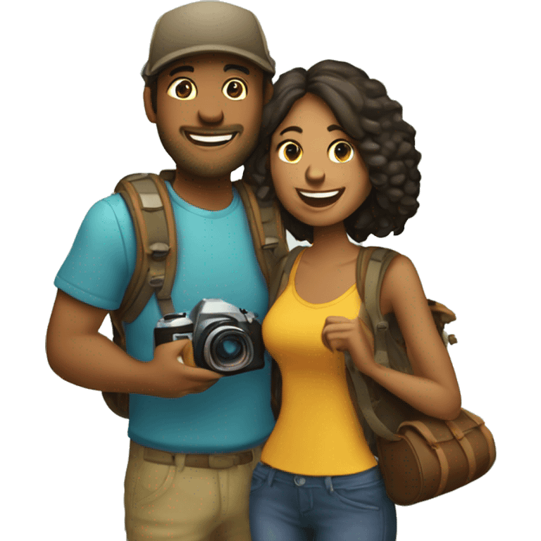 Create an emoji of couple travellers who love road trip and female has a dslr in hand emoji