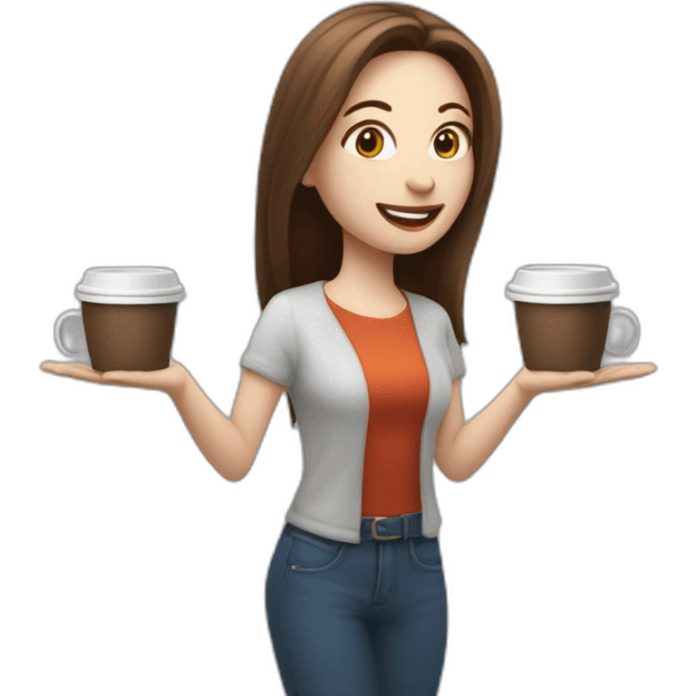 woman juggler with long straight brown hair and pale skin juggling three coffee cups and two mini laptops in the air emoji