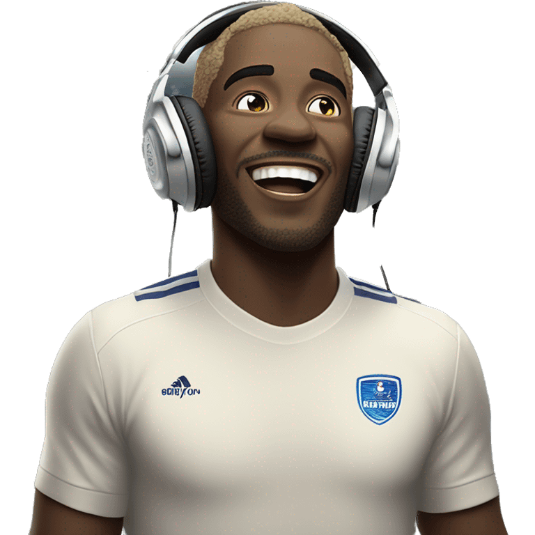 a white skin colour man is very happy because his favourite team has won a match he is wearing a headphone and standing in a ground behind him stadium is present emoji