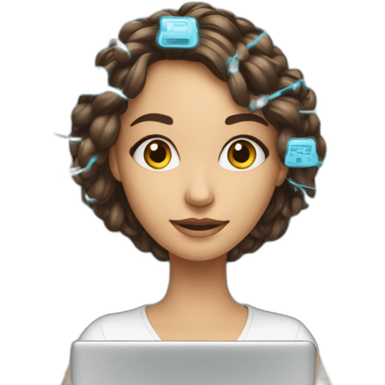 A young woman with a laptop and programming codes spinning around his head emoji