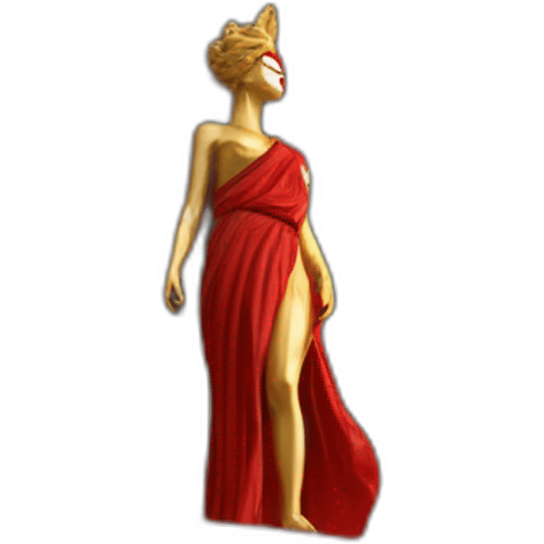 distant view of an abstract renaissance color sculpture of a female figure with a red mask on her face standing on a golden greek column of an ancient palace, 4K resolution emoji