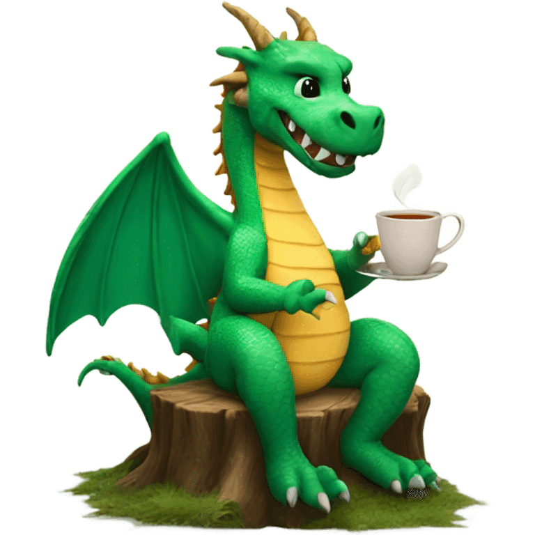 smiling dragon sitting on a stump enjoying a cup of tea and a biscuit emoji