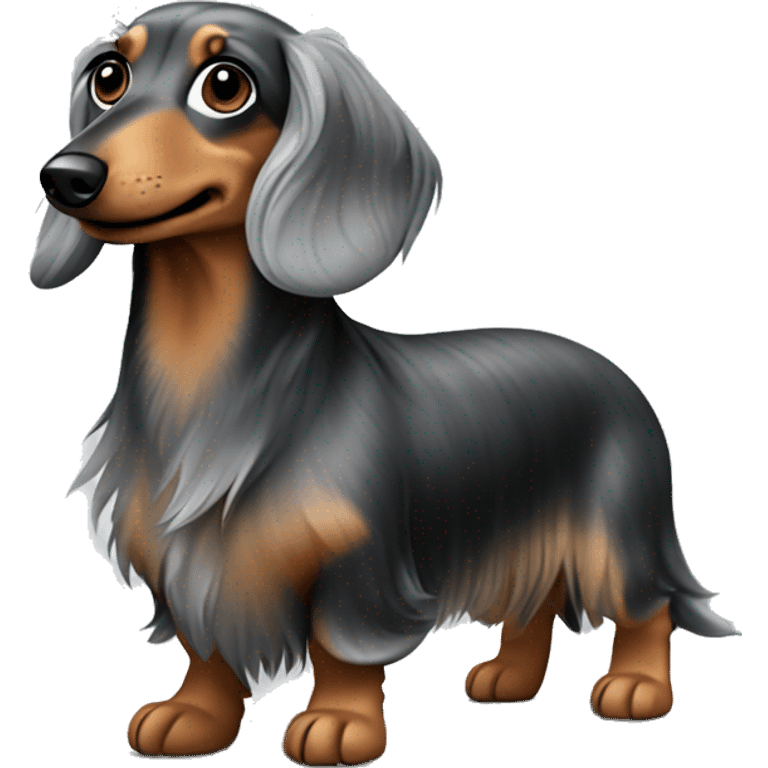 Long haired dapple dachshund, tan, gray & black. Full body  emoji