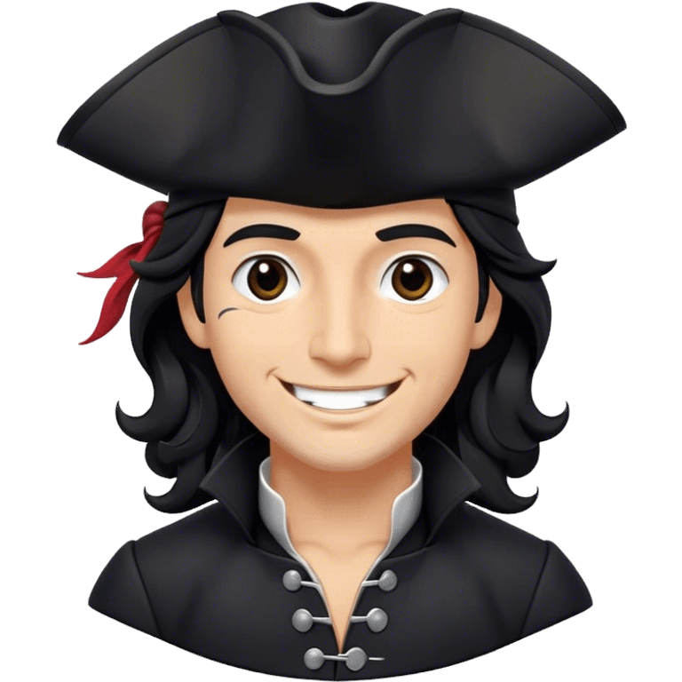 A charismatic pirate with wavy black hair, wearing a black tricorn hat and a sleek black coat with silver buttons, smiling confidently. emoji