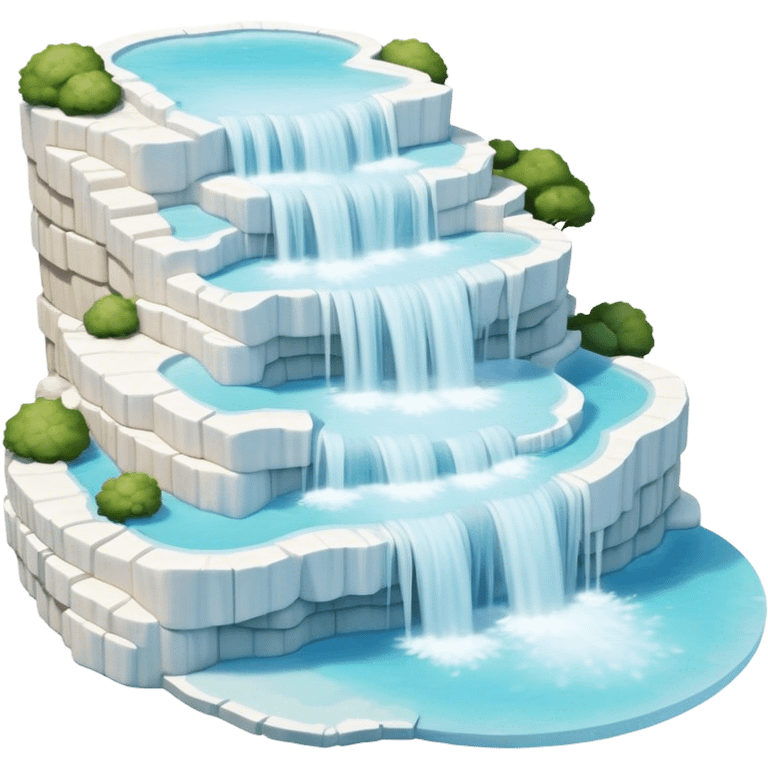 Cinematic Realistic Pamukkale Landmark Emoji, showcasing surreal cascading terraces of thermal waters rendered with ethereal textures and soft, luminous lighting. emoji