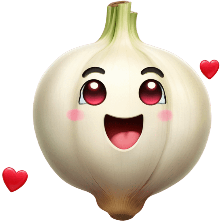 n emoji of a cute garlic clove and a smiling onion looking at each other with love. They have big, adorable eyes and rosy cheeks. Small red hearts float around them, and they appear to be blushing, creating a romantic and funny atmosphere. emoji