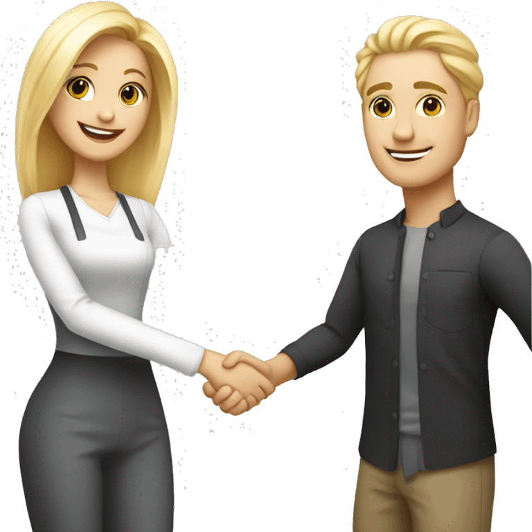 adult restaurant owner with white skin and blogger with white skin and blonde hair shaking hands in full height emoji