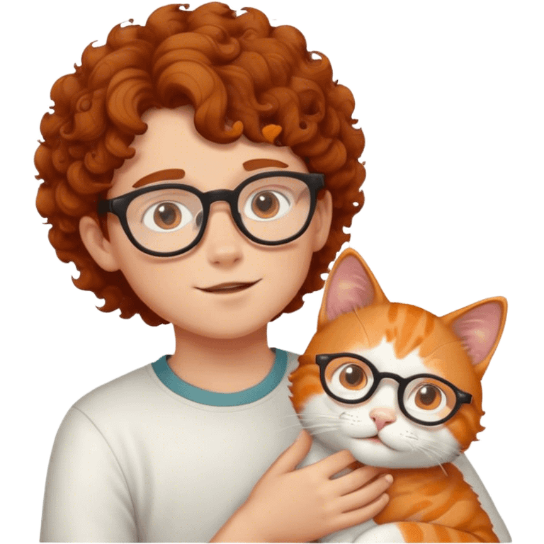 Boy with curl brown hair and glasses giga white and orange cat emoji