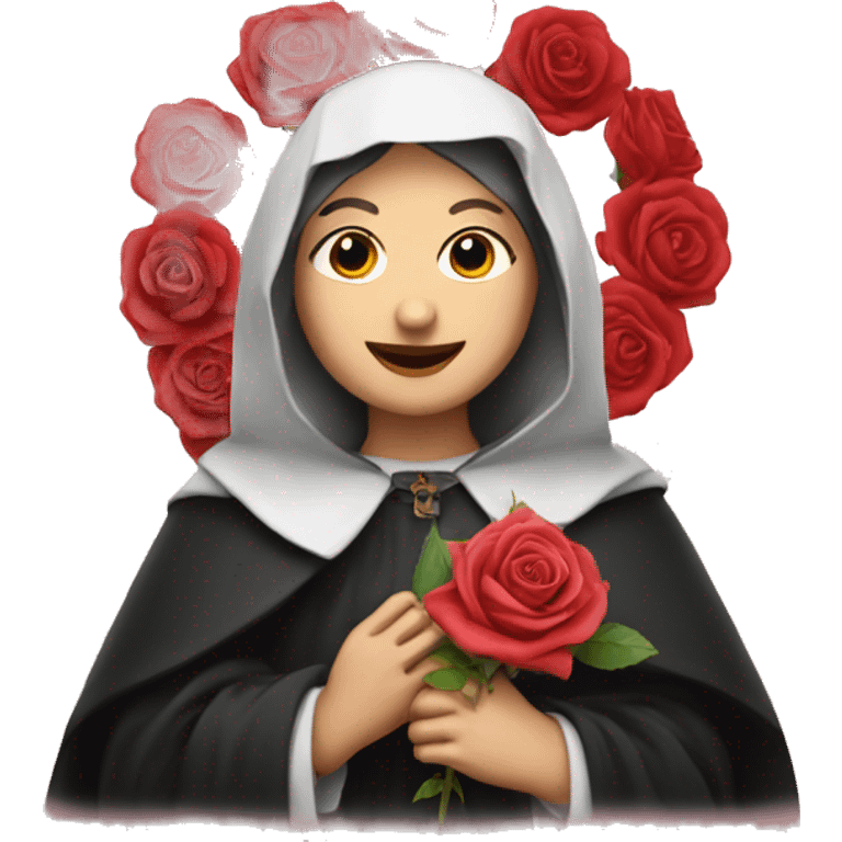 An emoji of Saint Rita with a rose  emoji