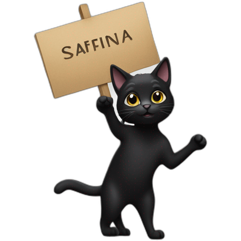 Black cat holding a sign with the inscription “Safina” emoji