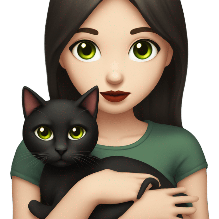 A teenage girl with white skin, she have some green hazel eyes, red lipstick, mid long straight dark brown hair, she have an eyeliner and she is holding a black cat in her arms, view from close emoji