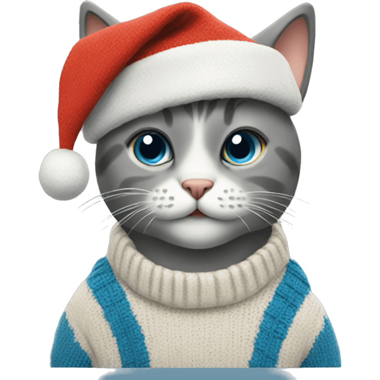 Cat with blue sweater and a Christmas hat emoji