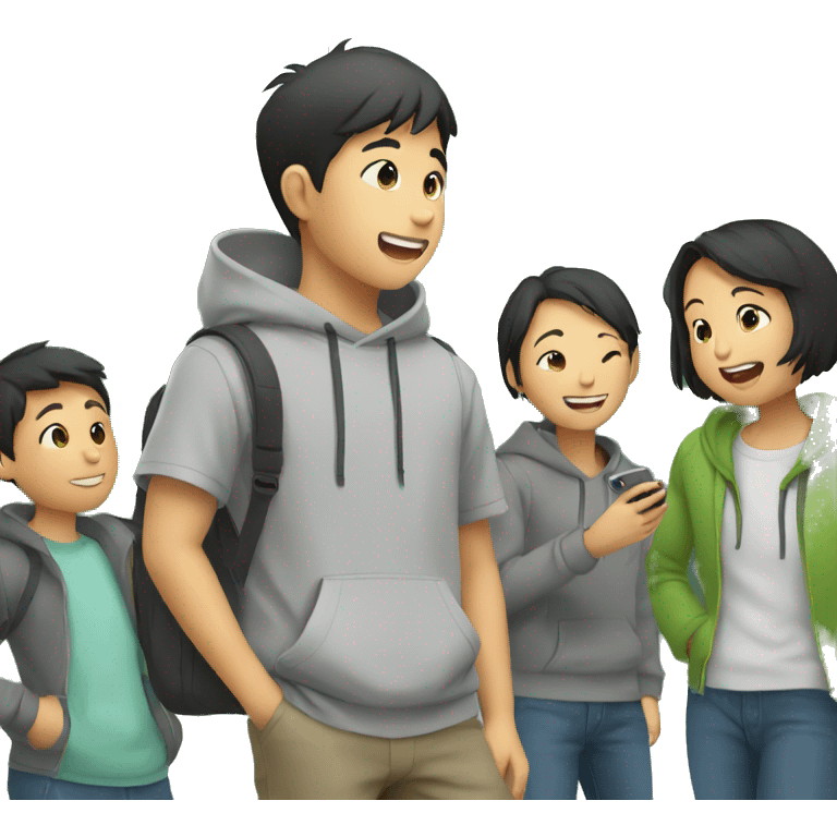 asian boy in grey hoodie talking with friends emoji