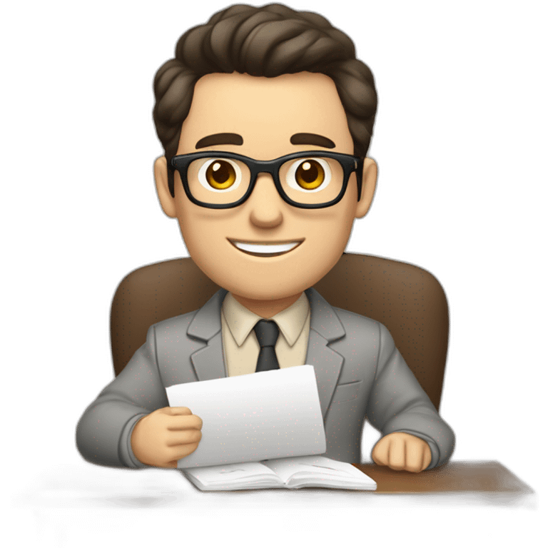 Pale skinned Fit Man With dark brown hair in gray jacket, beige office shirt and vintage glasses sitting In a soft chair with a notebook with emblem Ψ and a pen in his hands emoji