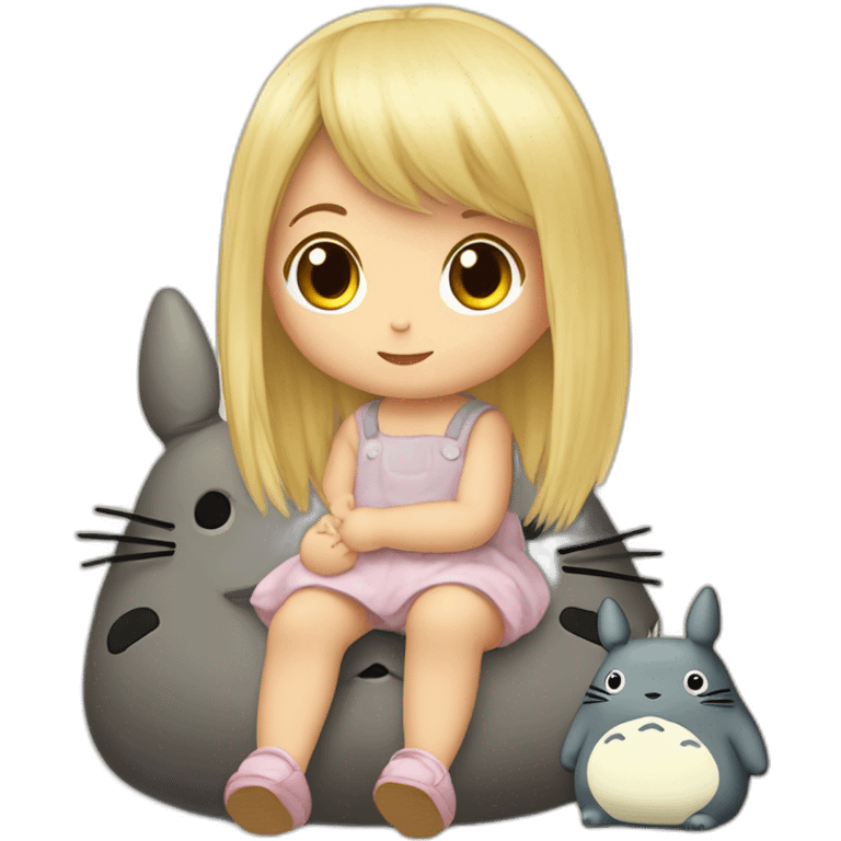 bébé fille blonde décoiffée assise avec une peluche Totoro  emoji