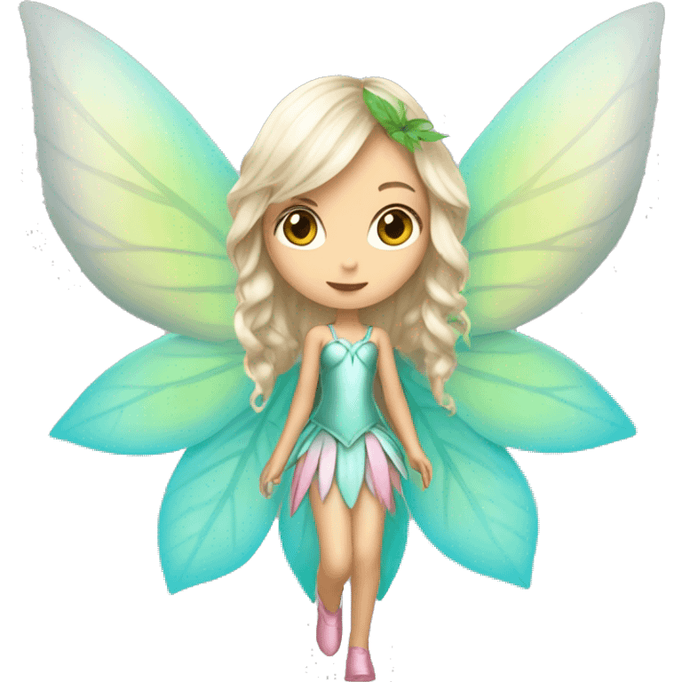 Beautiful, leaf, fairy, silver, light skin, turqoise, pink outfit , long blond hair, big wings emoji