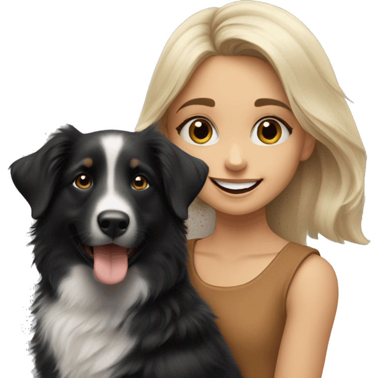 Blonde girl with happy black Australian shepherd puppy emoji