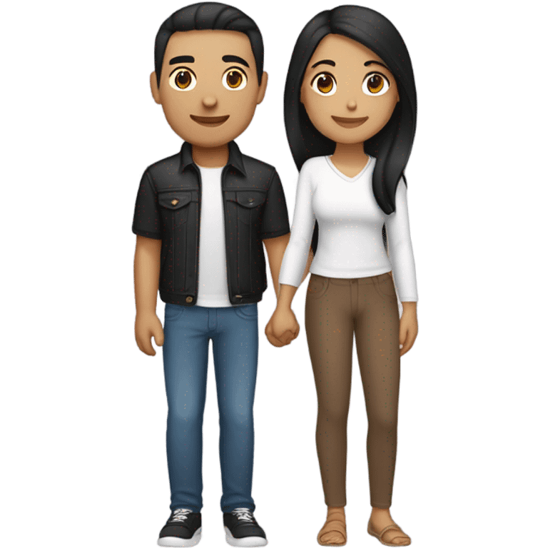 a couple holding hands. the guy has black middle part hair and is Persian and Filipino mix, wearing a jacket. the girl has brown medium length hair white and asian mix, wearing a crop top. emoji