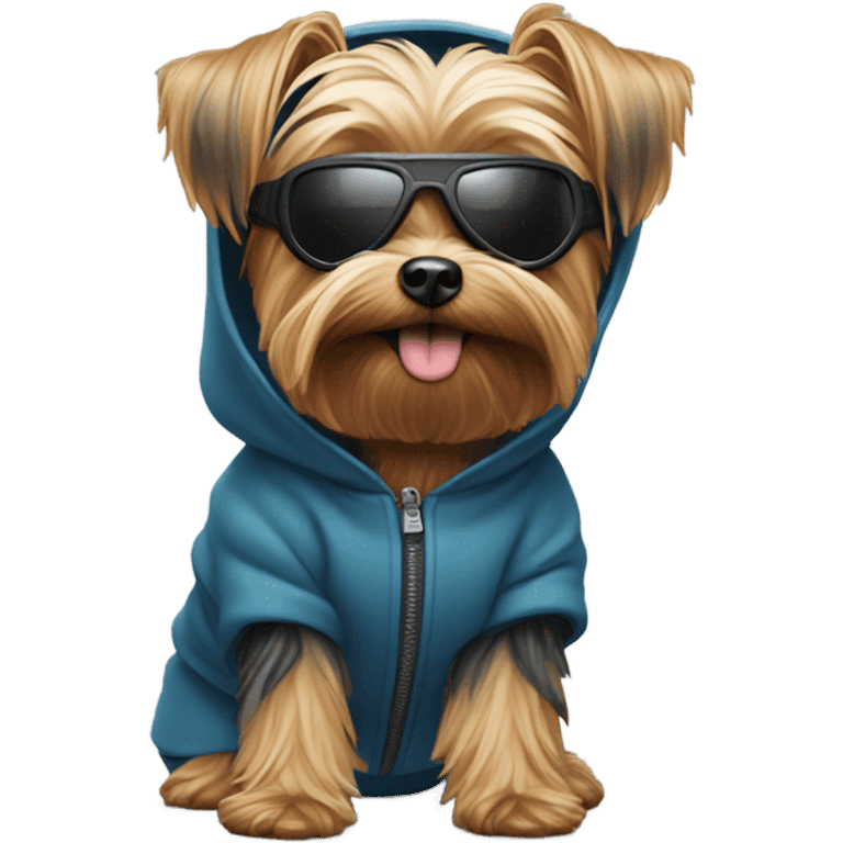 Yorkie wearing a hoodie and ski goggles emoji