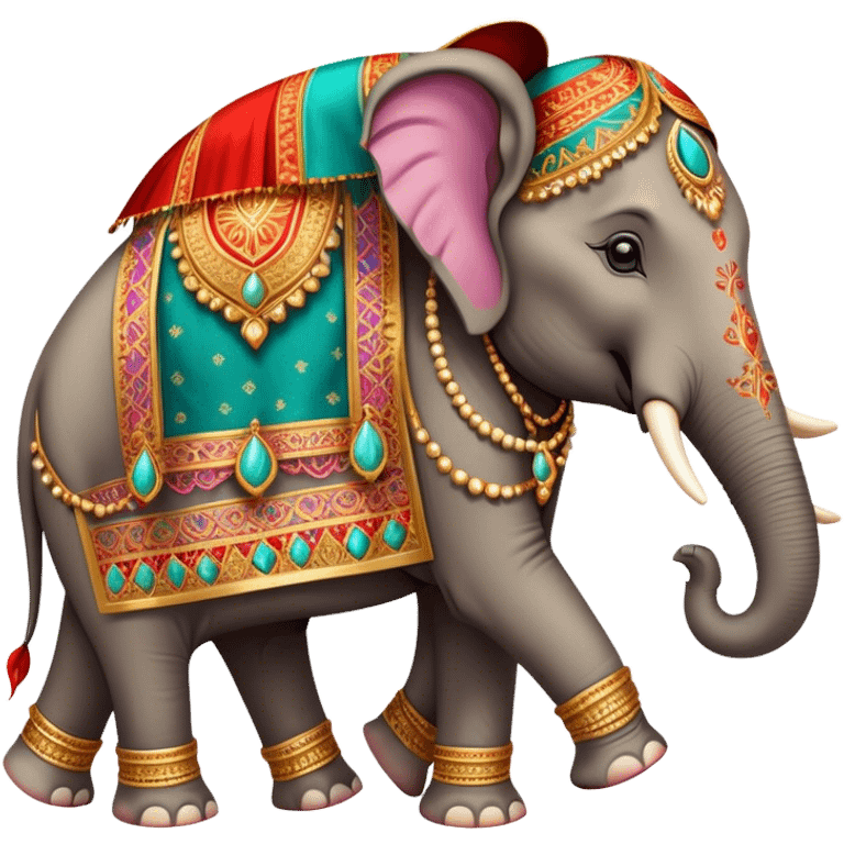 Decorated Indian elephant – Cinematic Realistic Decorated Indian Elephant, depicted as a majestic elephant adorned with vibrant, ornate ceremonial decorations and rich, colorful fabrics, set against a festive Indian backdrop with warm golden lighting that highlights its cultural significance. emoji